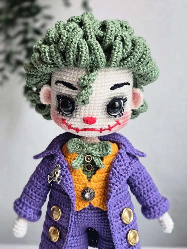 Amigurumi Joker doll pattern with purple jacket