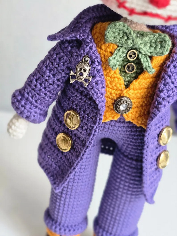 Amigurumi Joker doll pattern with purple jacket