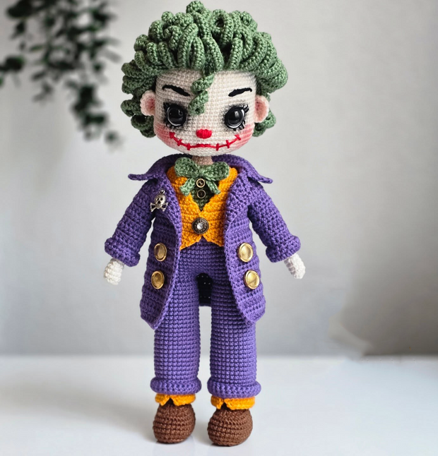 Amigurumi Joker doll pattern with purple jacket