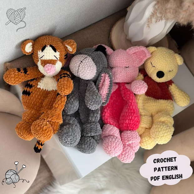 4 in 1 Winnie the Pooh Crochet Pattern: Piglet, Donkey, Tiger Amigurumi Comforter