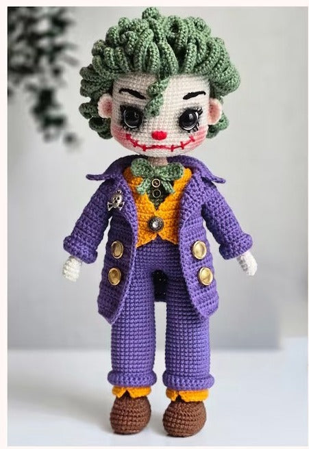 Amigurumi Joker doll pattern with purple jacket