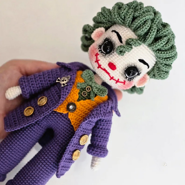 Amigurumi Joker doll pattern with purple jacket